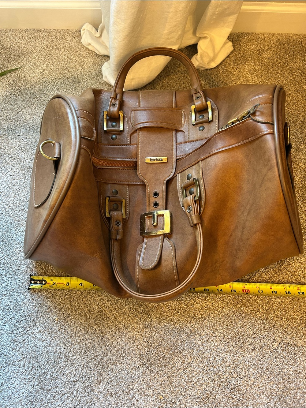 Invicta Tan Leather Duffel Bag with Brass Hardware